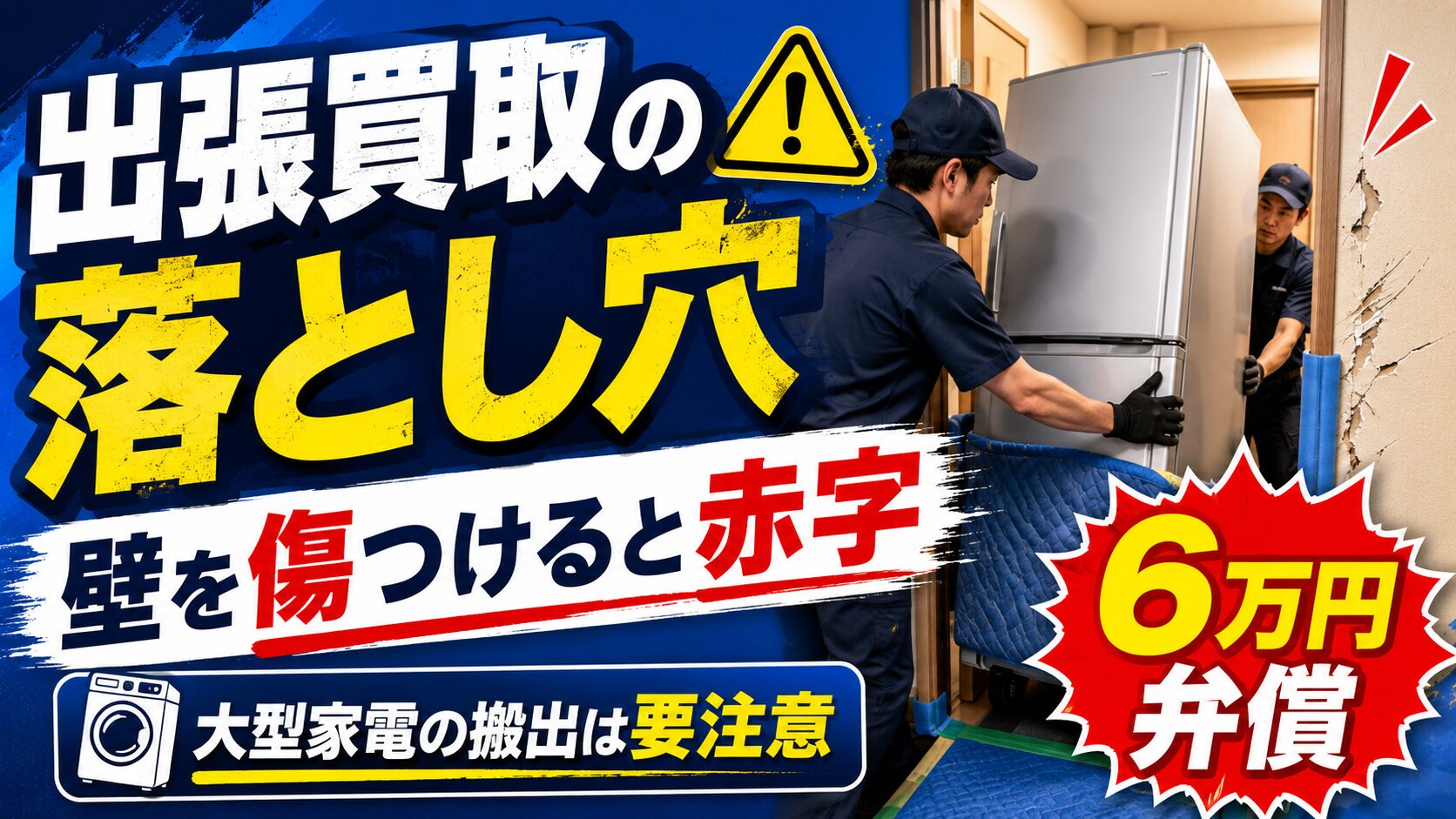 大きく「出張買取の危険」と入れ、その下に「壁を傷つけると赤字になる」と補足。背景は冷蔵庫や洗濯機を搬出しているイメージ＋壁のキズのイメージ。赤字で「6万円弁償」と強調。