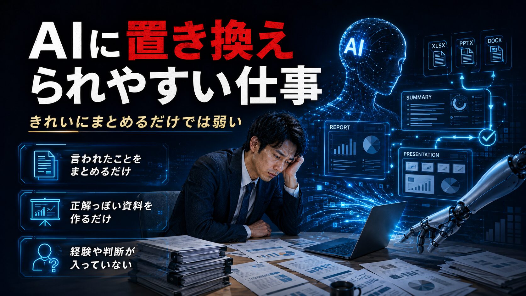 AIに置き換えられやすい仕事。きれいにまとめるだけでは弱いことを表した画像