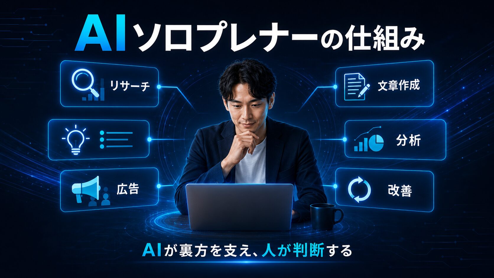 AIソロプレナーの仕組み。AIがリサーチ、企画、広告、文章作成、分析、改善を支え、人が判断する流れ