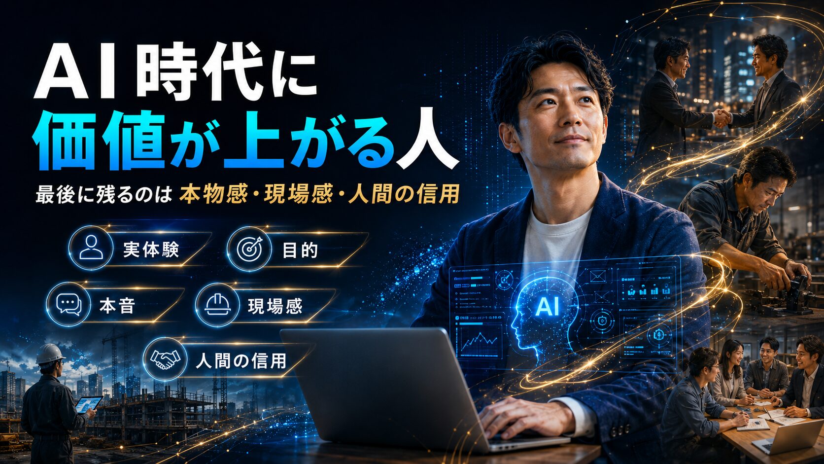 AI時代に価値が上がる人。実体験、目的、本音、現場感、人間の信用を表した画像