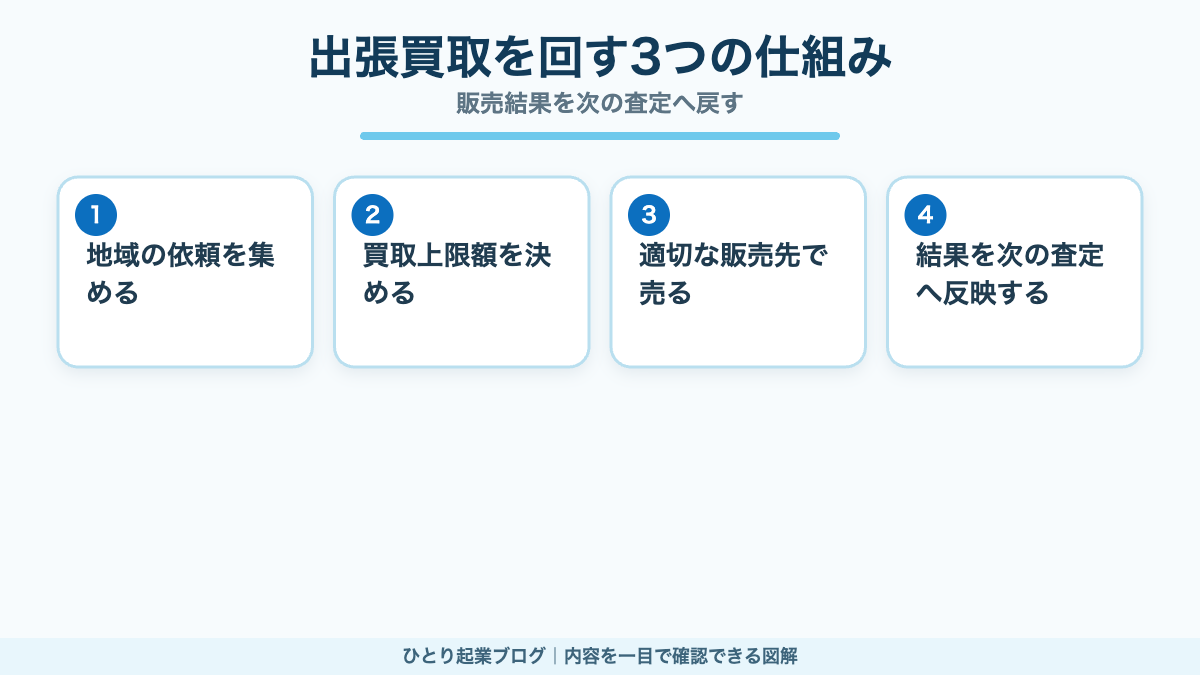集客から査定と販売を経て結果を次の査定へ反映する流れ
